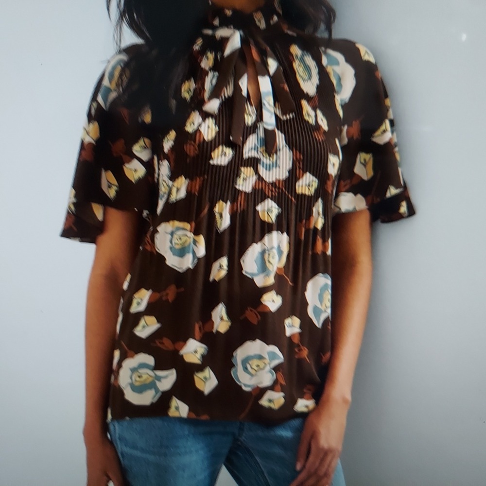 Lauren Ralph Lauren Women Blouse XS Brown Cottagecore Pleated Tie Neck Flutter